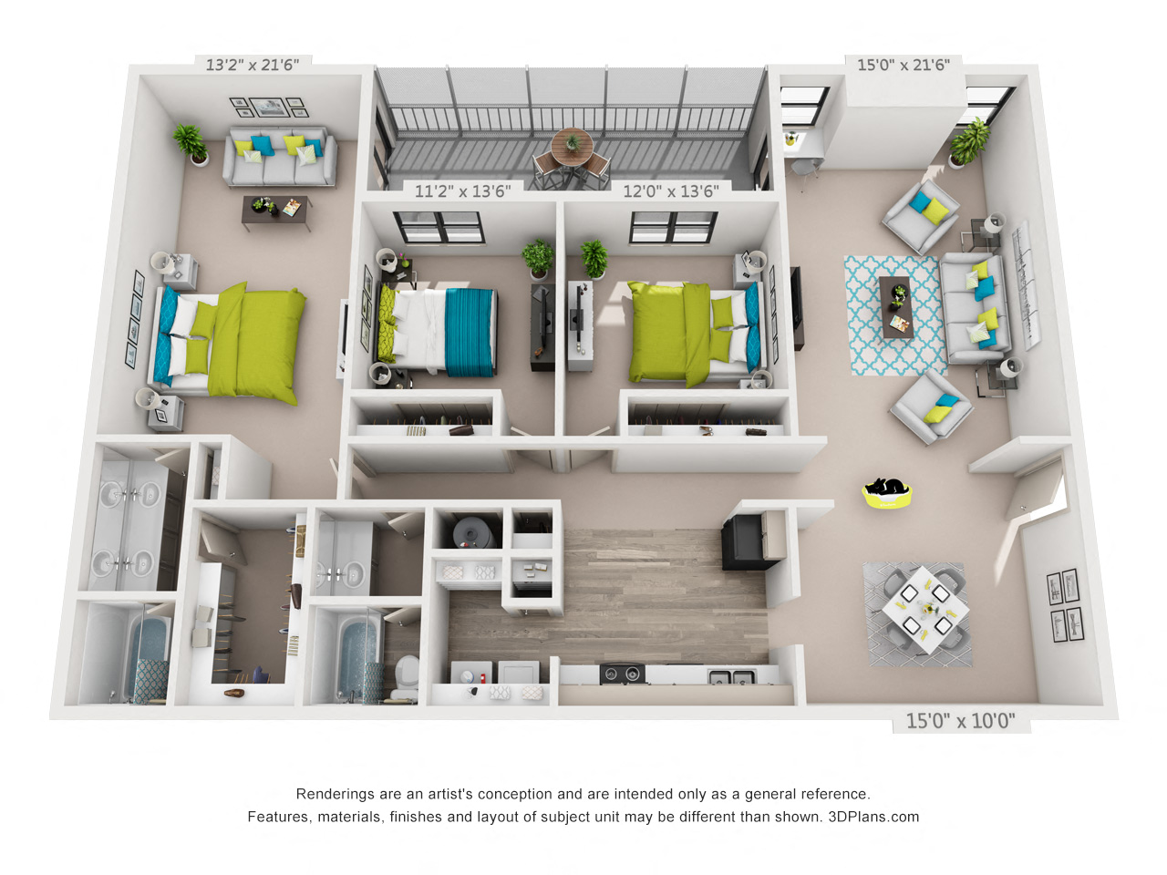Floor plan for 3 beds, 2 baths, 1732 sqft